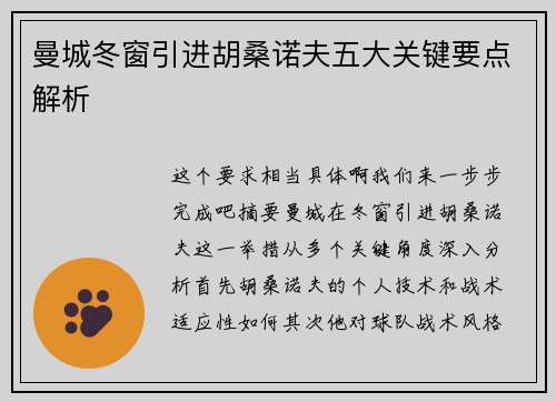 曼城冬窗引进胡桑诺夫五大关键要点解析