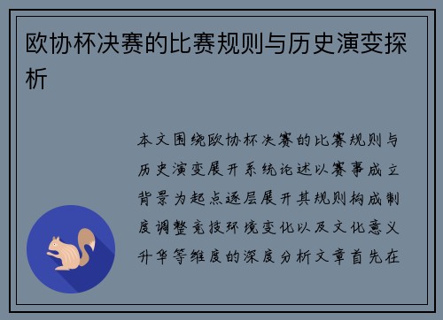 欧协杯决赛的比赛规则与历史演变探析