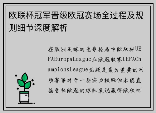 欧联杯冠军晋级欧冠赛场全过程及规则细节深度解析