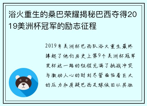 浴火重生的桑巴荣耀揭秘巴西夺得2019美洲杯冠军的励志征程
