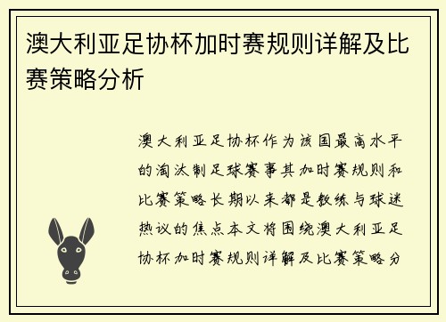 澳大利亚足协杯加时赛规则详解及比赛策略分析